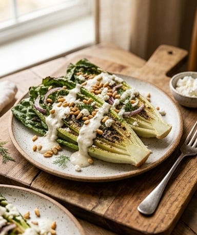 Romaine grillée croustillante, vinaigrette chèvre onctueuse et pignons torréfiés