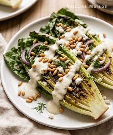 Romaine grillée croustillante, vinaigrette chèvre onctueuse et pignons torréfiés