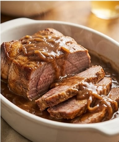 Rôti de bœuf fondant à la sauce oignon, 4 ingrédients et une cuillère