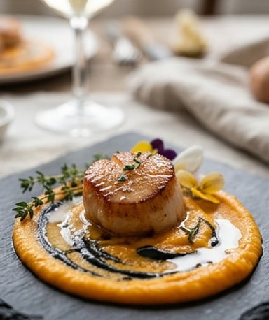 Saint-Jacques croustillantes, purée de patate douce veloutée et touche coco