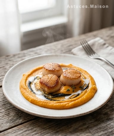 Saint-Jacques croustillantes, purée de patate douce veloutée et touche coco