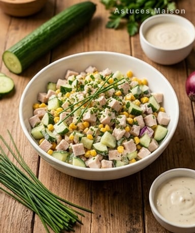 Salade fraîcheur : concombre, dinde et sauce crémeuse en 10 minutes