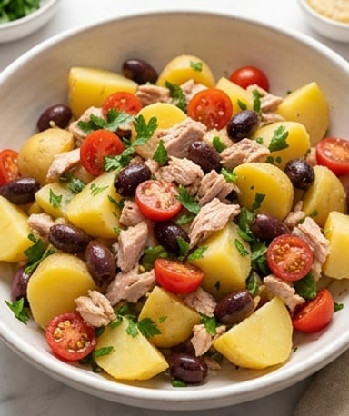 Salade méditerranéenne : pommes de terre, thon et soleil dans ton assiette
