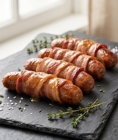 Saucisses enroulées de lard croustillant, sauce miel-moutarde