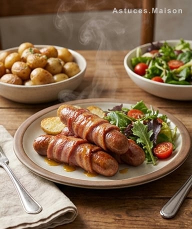 Saucisses enroulées de lard croustillant, sauce miel-moutarde