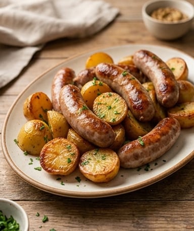 Saucisses rôties et pommes de terre fondantes : le plat qui sent le dimanche