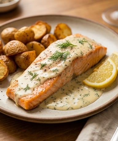 Saumon crémeux au four, pommes de terre rôties et aneth