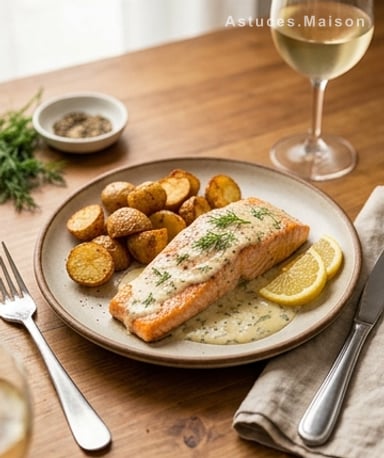 Saumon crémeux au four, pommes de terre rôties et aneth