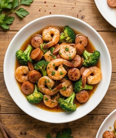 Sauté de crevettes au miel et à l’ail, brocolis croquants