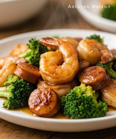 Sauté de crevettes au miel et à l'ail, brocolis croquants