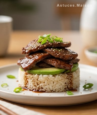 Stack Teriyaki-Bœuf à l'Avocat : Riz Fondant et Viande Caramélisée
