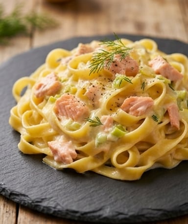 Tagliatelles aux poireaux et saumon
