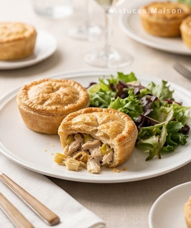 Tourtes croustillantes au poulet et poireaux fondants, sauce crémeuse