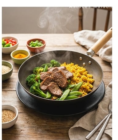 Wok d'agneau croustillant au sésame, riz curcuma et légumes verts