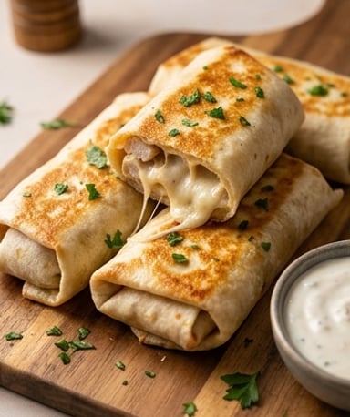 Wrap croustillant au poulet, ail et fromage fondu — prêt en 20 minutes