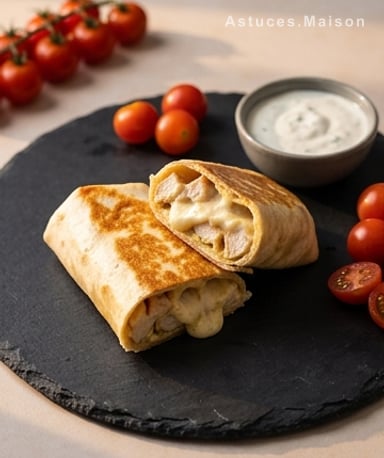 Wrap croustillant au poulet, ail et fromage fondu — prêt en 20 minutes