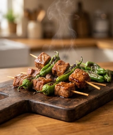 Brochettes de bœuf teriyaki croustillantes et piments Padron grillés