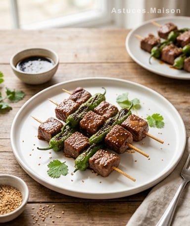 Brochettes de bœuf teriyaki croustillantes et piments Padron grillés