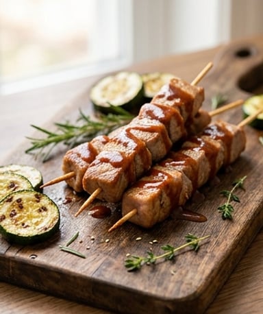 Brochettes de veau fondantes, sauce BBQ maison et courgettes grillées