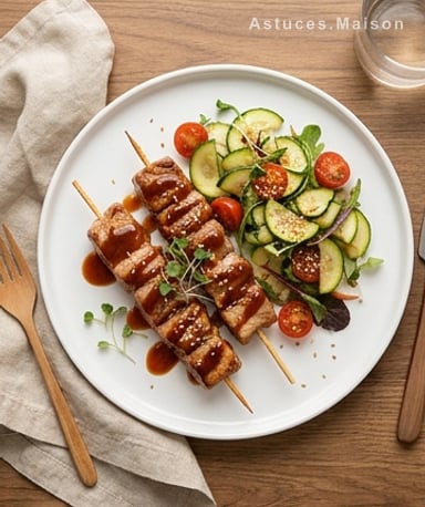Brochettes de veau fondantes, sauce BBQ maison et courgettes grillées