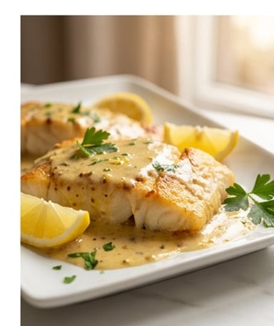 Cabillaud croustillant à la moutarde, sauce citronnée qui fond en bouche