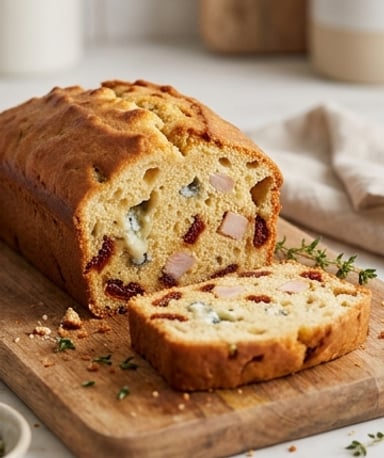 Cake moelleux au Bresse Bleu, dinde fumée et tomates séchées — l’équilibre parfait