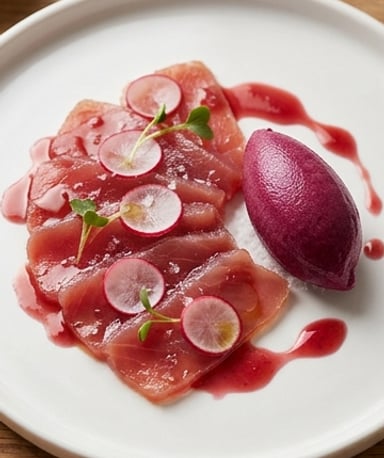Carpaccio de thon rouge, sorbet betterave et vinaigrette rhubarbe — l’entrée qui claque