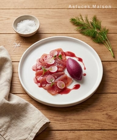 Carpaccio de thon rouge, sorbet betterave et vinaigrette rhubarbe — l'entrée qui claque
