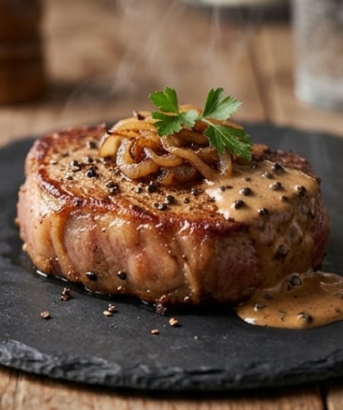 Steak au poivre croustillant et oignons fondants : le réconfort en une poêlée